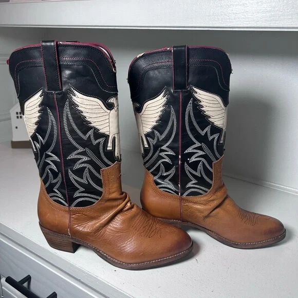 Sam Edelman Western Cowboy Boots Eagle Stitch Leather Brown Women’s 9.5M